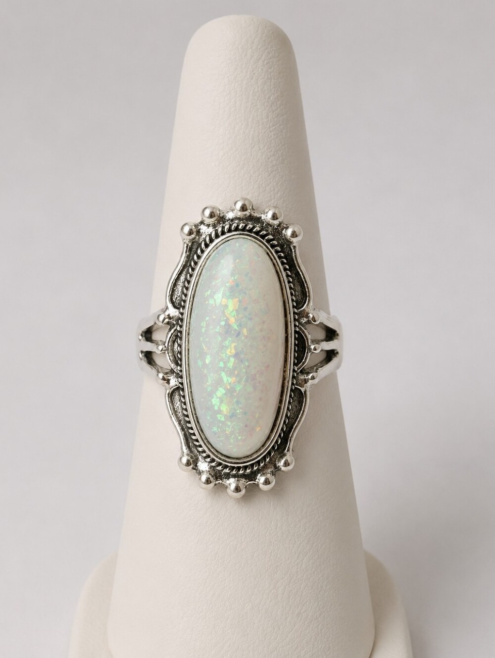 Whimsigoth Ornate Witchy Metal Silver Tone Oval Statement Ring  White Opalescent